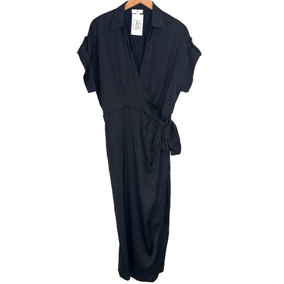 NWT Entro Black Satin Short Sleeve Collared Wrap Midi Dress Size Large - Picture 2 of 13